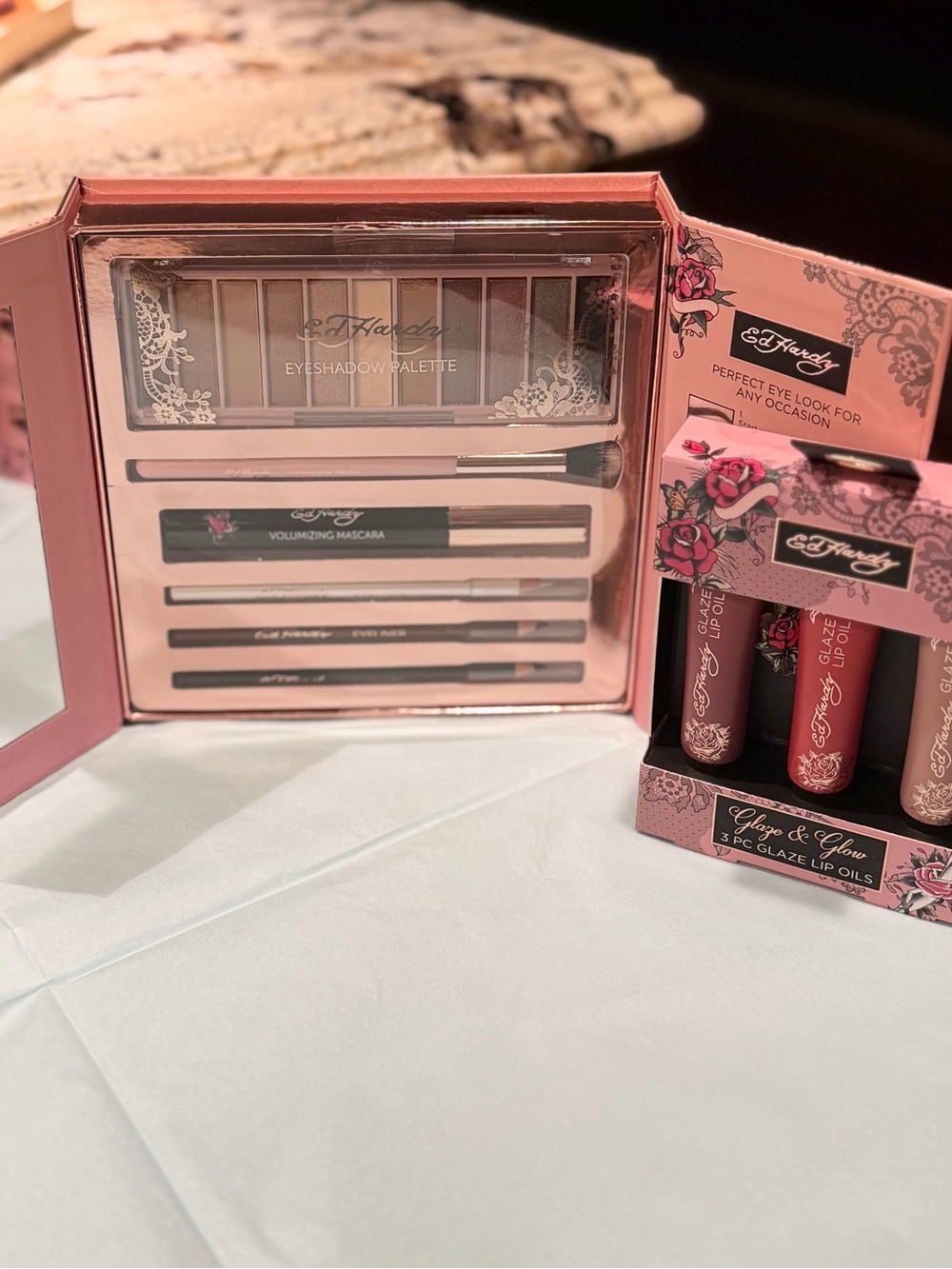 Ed Hardy Neutrals Eyeshadow Palette & Pink Lip Glaze Trio Bundle Set NIB